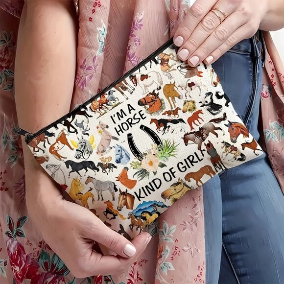 Im A Horse Kind Of Girl Zipper Pouch/Clutch Bag With Horse Print Canvas Material - Picture 2 of 2